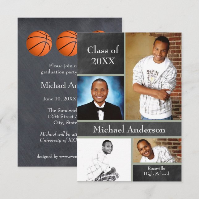 Chalkboard Collage Basketball-3x5Grad Announcement (Front/Back)
