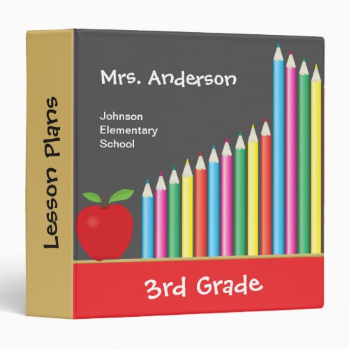 Chalkboard & Colored Pencils Personalized Teacher 3 Ring Binder - This teacher's binder features a bold and colorful graphic of a chalkboard accented with bright colored pencils and a traditional red apple. Custom text allows you to add teachers name, school and grade level. It's a perfect item for any elementary teacher.