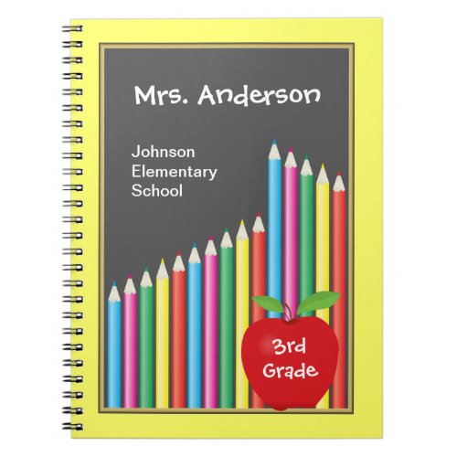 Chalkboard & Colored Pencils Teacher Notebook - This teacher's notebook features a chalkboard background accented with colored pencils and a red apple. Customizable text allows you to add teachers name, school and grade level. It's a perfect item for any elementary teacher.