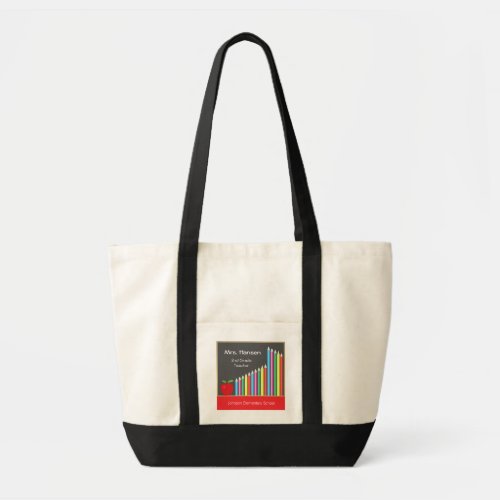 Chalkboard & Colored Pencils Teacher Tote Bag - The teacher tote bag features a chalkboard background accented with colored pencils and a red apple. Customizable text allows you to add the teacher's name, grade and school. Perfect bag for any teacher to carry daily from home to school.