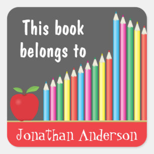 Chalkboard & Colored Pencils, This book belongs to Square Sticker