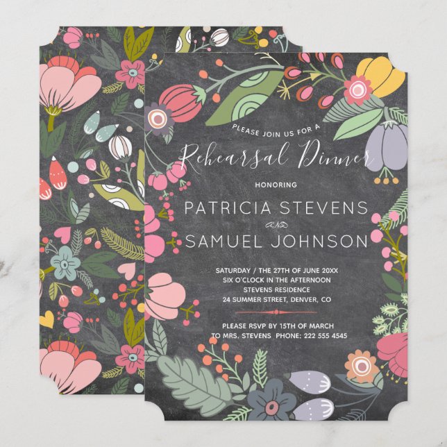 Chalkboard colorful blooms wreath rehearsal dinner invitation (Front/Back)