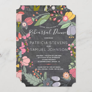 Chalkboard colorful blooms wreath rehearsal dinner invitation