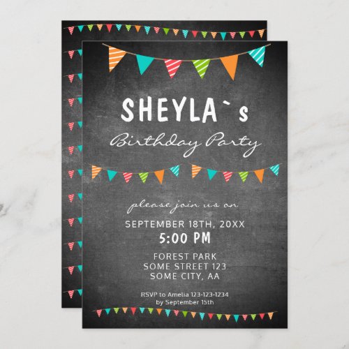 Chalkboard Colorful Bunting Flags Birthday Party Invitation