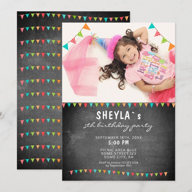 Chalkboard Colorful Bunting Flags Birthday Photo Invitation (Front/Back)