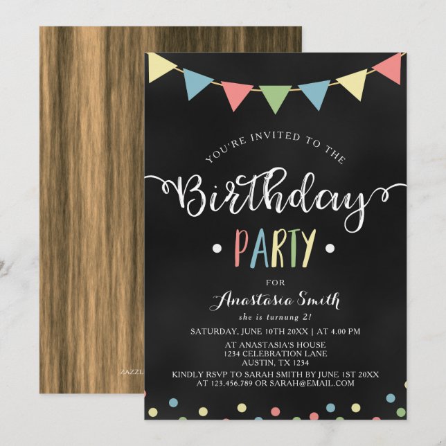 Chalkboard Colorful Bunting Flags Kids Birthday Invitation (Front/Back)