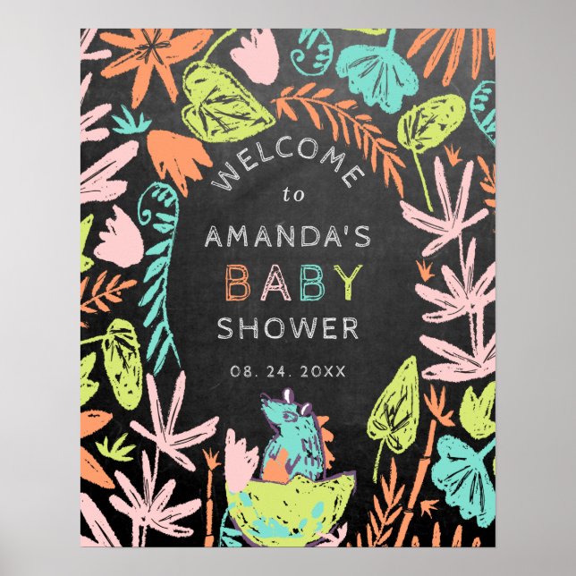 Chalkboard Colorful Dino Baby Shower Welcome  Poster (Front)