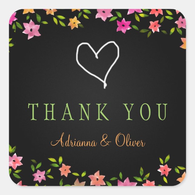 Chalkboard Colorful Flower Wreath Thank You Square Sticker (Front)