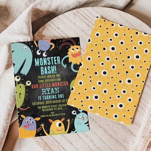 Chalkboard Colorful Monsters 1st Birthday Invitation