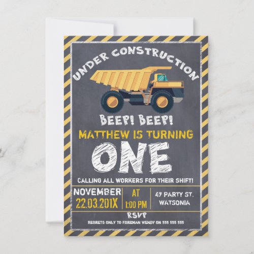 Chalkboard Construction 1st Birthday Invitation