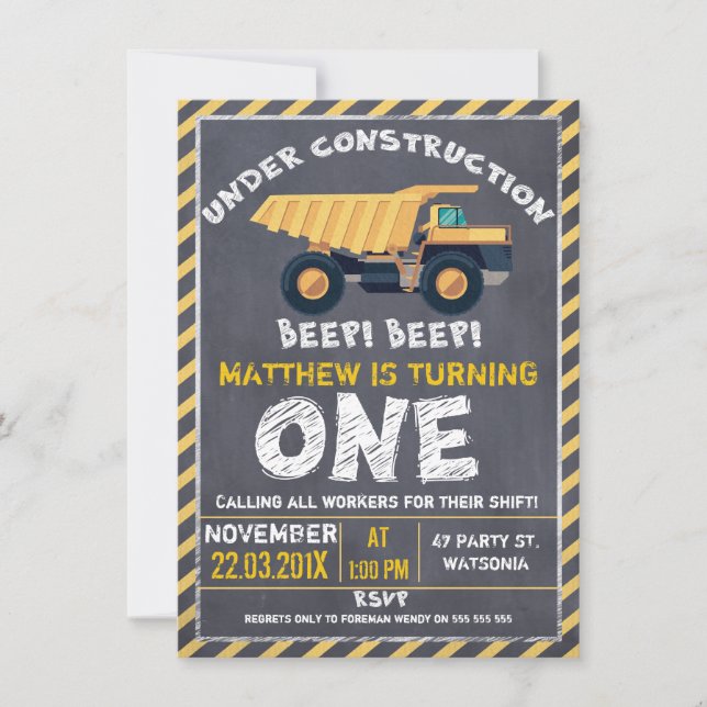 Chalkboard Construction 1st Birthday Invitation (Front)
