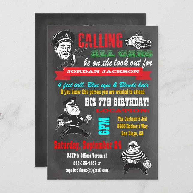 Chalkboard Cops and Robbers  Party Invitation (Front/Back)