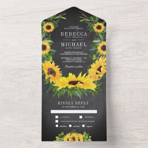 Chalkboard Country Boho Sunflowers Garland Wedding All In One Invitation