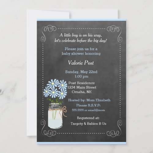 Chalkboard Country Mason Jar Blue Flowers Baby Invitation