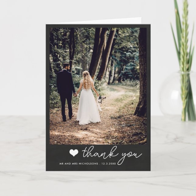 Chalkboard Couple Wedding Photo Thank You | Script Card (Front)