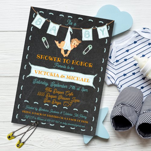 Chalkboard Couples Diaper Baby Shower Clothesline Invitation