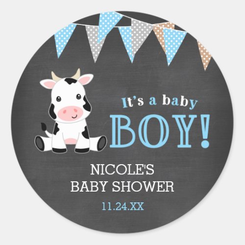 Chalkboard Cow Boy Baby Shower Classic Round Sticker