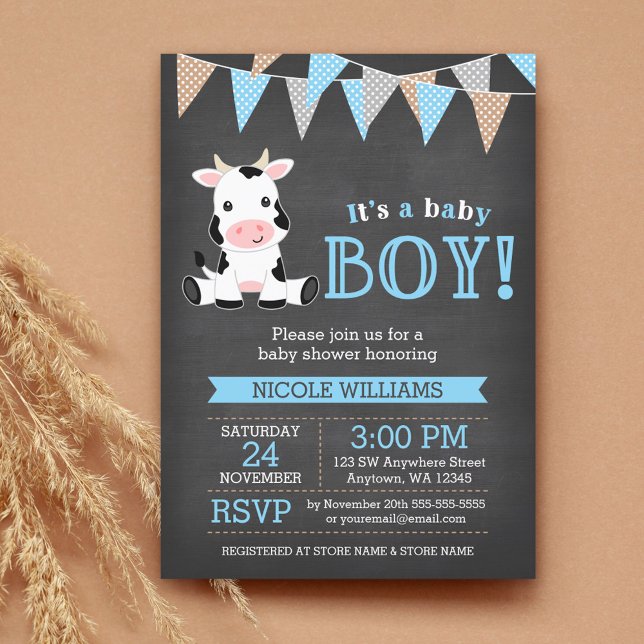 Chalkboard Cow Boy Baby Shower Invitation (Creator Uploaded)