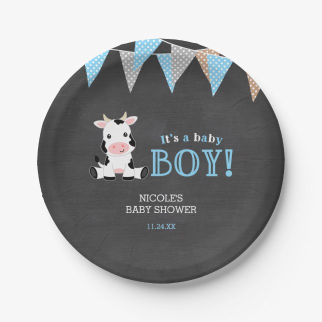 Chalkboard Cow Boy Baby Shower Paper Plates (Front)