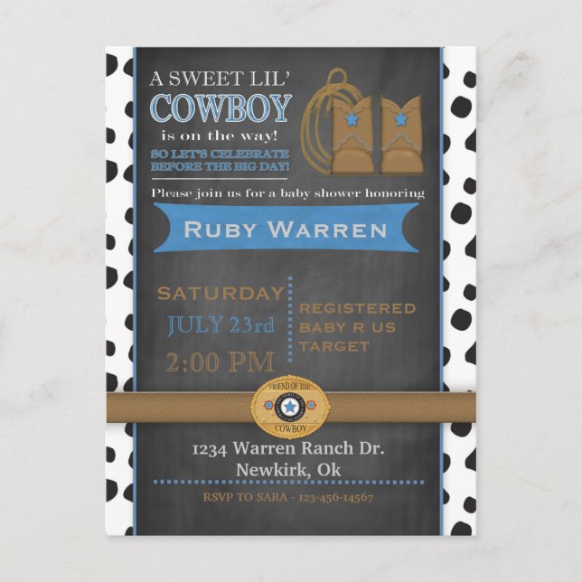 Chalkboard Cowboy Baby Shower Invitation Postcard (Front)