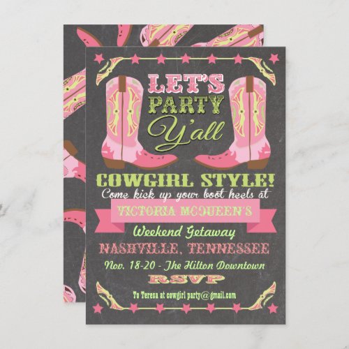 Chalkboard Cowgirl Bachelorette Weekend Getaway Invitation