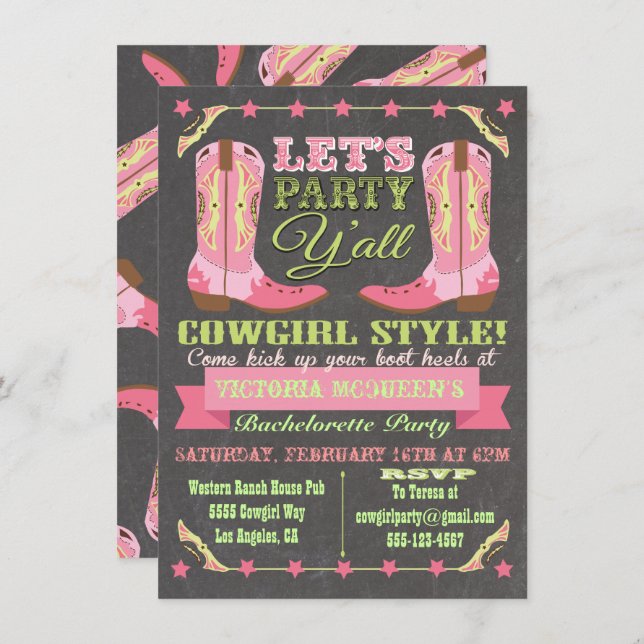 Chalkboard Cowgirl Western Bachelorette Party Invitation (Front/Back)