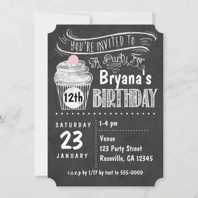 Chalkboard Cupcake Birthday Party Invitations (Front)