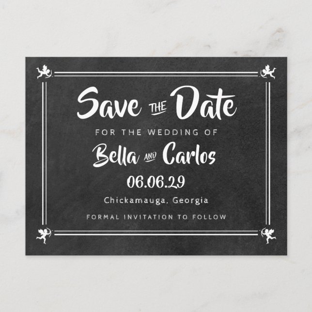 Chalkboard Cupids Save the Date Announcement Postcard (Front)