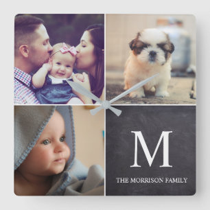 Chalkboard Custom Family Photos Collage Square Wall Clock