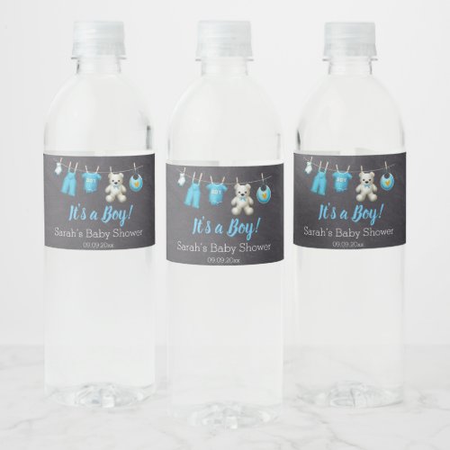 Chalkboard Cute Blue Boy Baby Shower Water Bottle Label