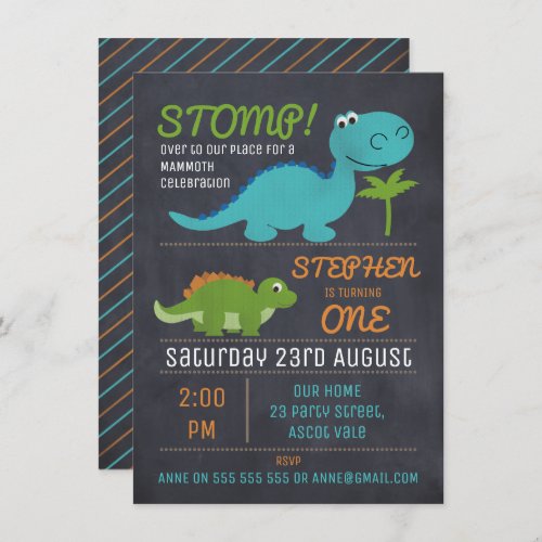 Chalkboard Cute Dinosaurs Birthday Invitation