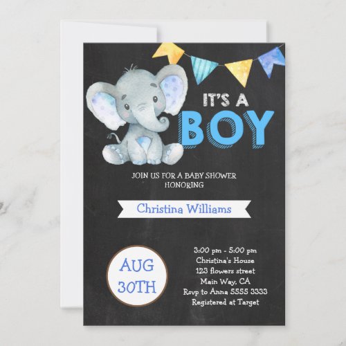 Chalkboard Cute Elephant Boy Baby Shower Invitation
