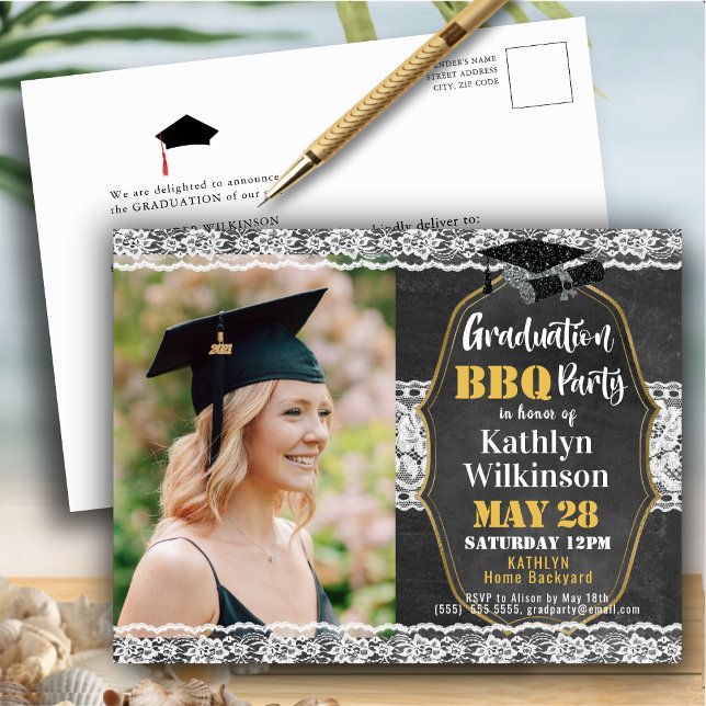 Chalkboard Cute Lace 2 Photo Graduation Invitation Postcard (Creator Uploaded)