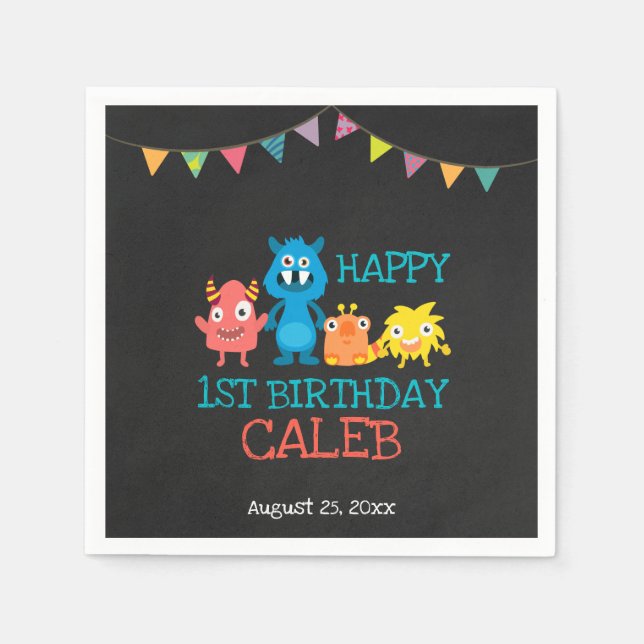 Chalkboard cute Monsters First Birthday Boys Party Napkins (Front)