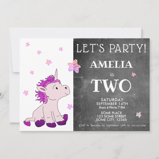 Chalkboard Cute Pink Unicorn 2nd Birthday Invitation (Front)