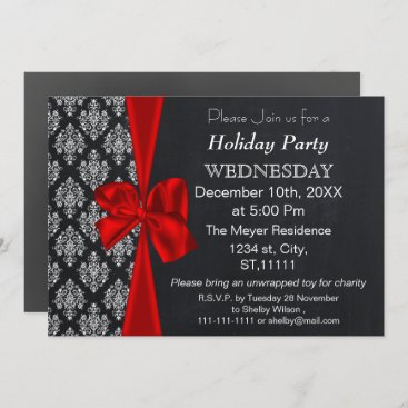Chalkboard damask red bow Holiday party Invitation