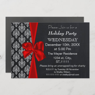 Chalkboard damask red bow Holiday party Invitation