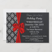 Chalkboard damask red bow Holiday party Invitation (Front)