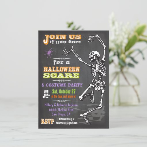 Chalkboard Dancing Skeleton Halloween Party Invite | Zazzle