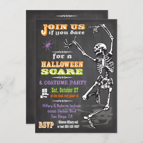 Chalkboard Dancing Skeleton Halloween Party Invite