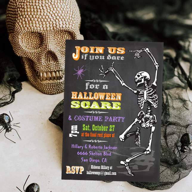 Chalkboard Dancing Skeleton Halloween Party Invite | Zazzle