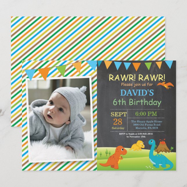 Chalkboard Dinosaur Birthday Invitation Dino Party (Front/Back)