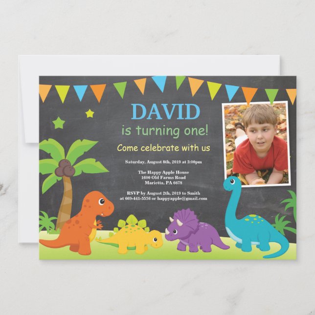 Chalkboard Dinosaur Birthday Invitation Dino Party (Front)