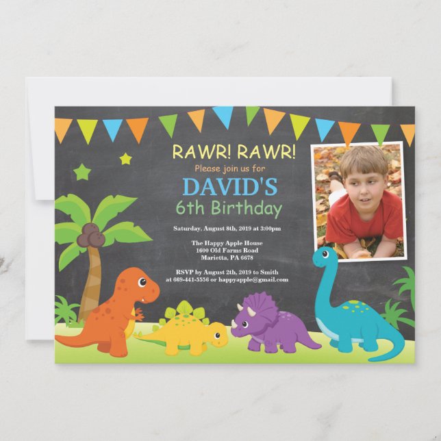 Chalkboard Dinosaur Birthday Invitation Dino Party (Front)
