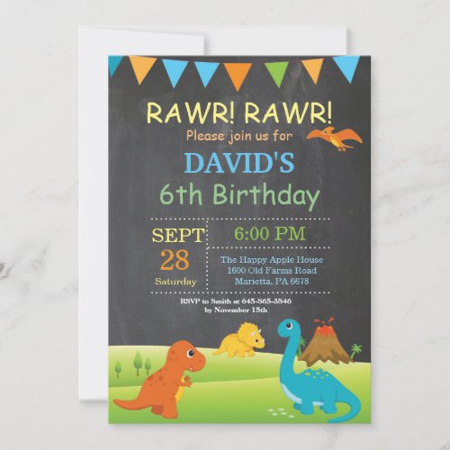 Chalkboard Dinosaur Birthday Invitation Dino Party