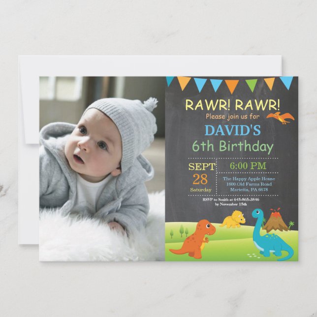 Chalkboard Dinosaur Birthday Invitation Dino Party (Front)