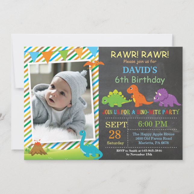 Chalkboard Dinosaur Birthday Invitation Dino Party (Front)