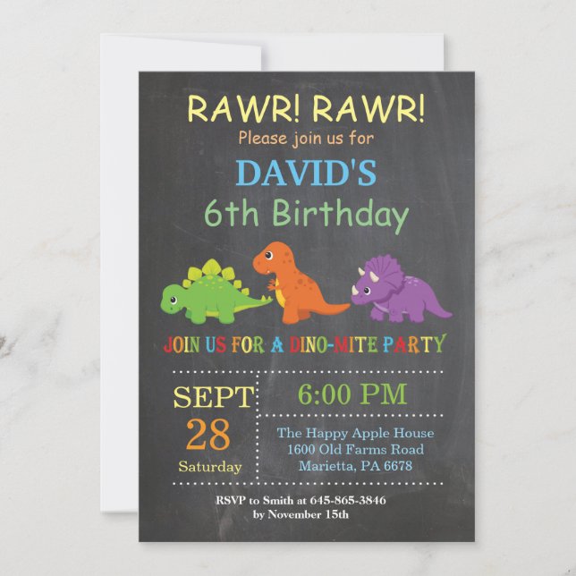 Chalkboard Dinosaur Birthday Invitation Dino Party (Front)