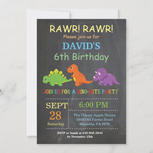 Chalkboard Dinosaur Birthday Invitation Dino Party