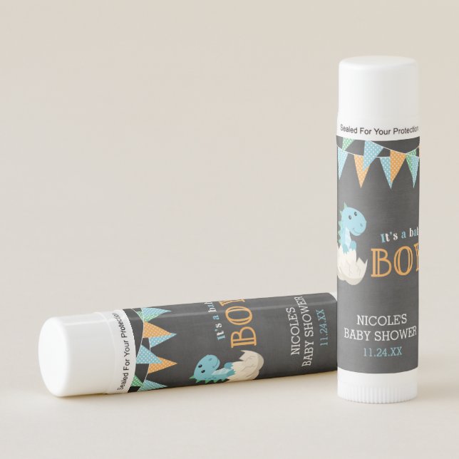 Chalkboard Dinosaur Boy Baby Shower Favors Lip Balm (Front)